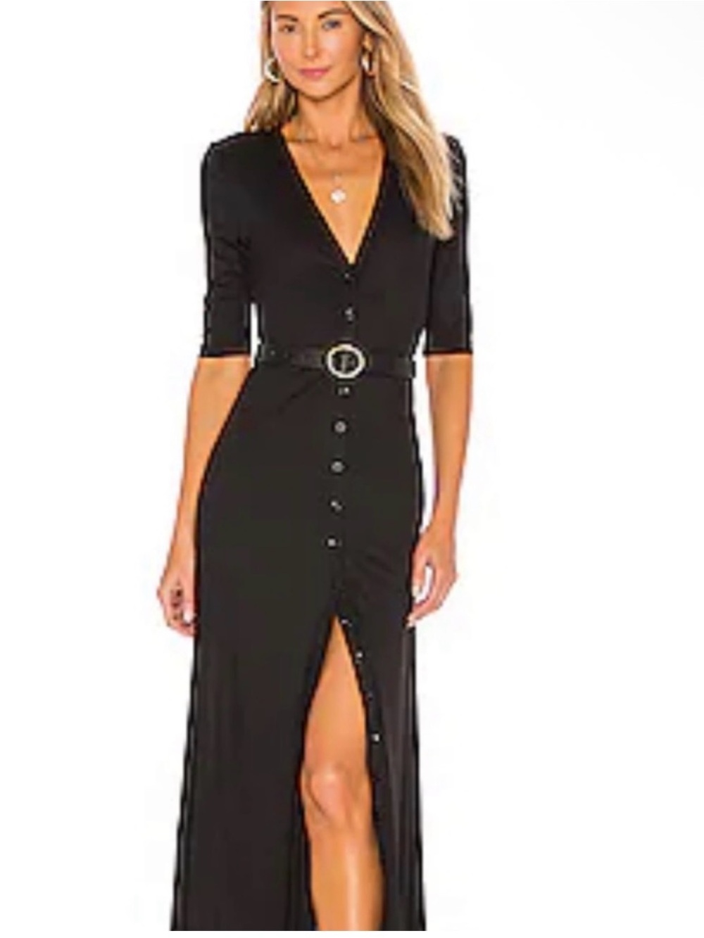 L'Academie Black V-Neck Button-Front Maxi Dress with Belt